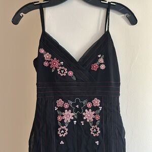 Oasis Anthropologie Slip Dress Black pink Floral Embroidery 8 EUC